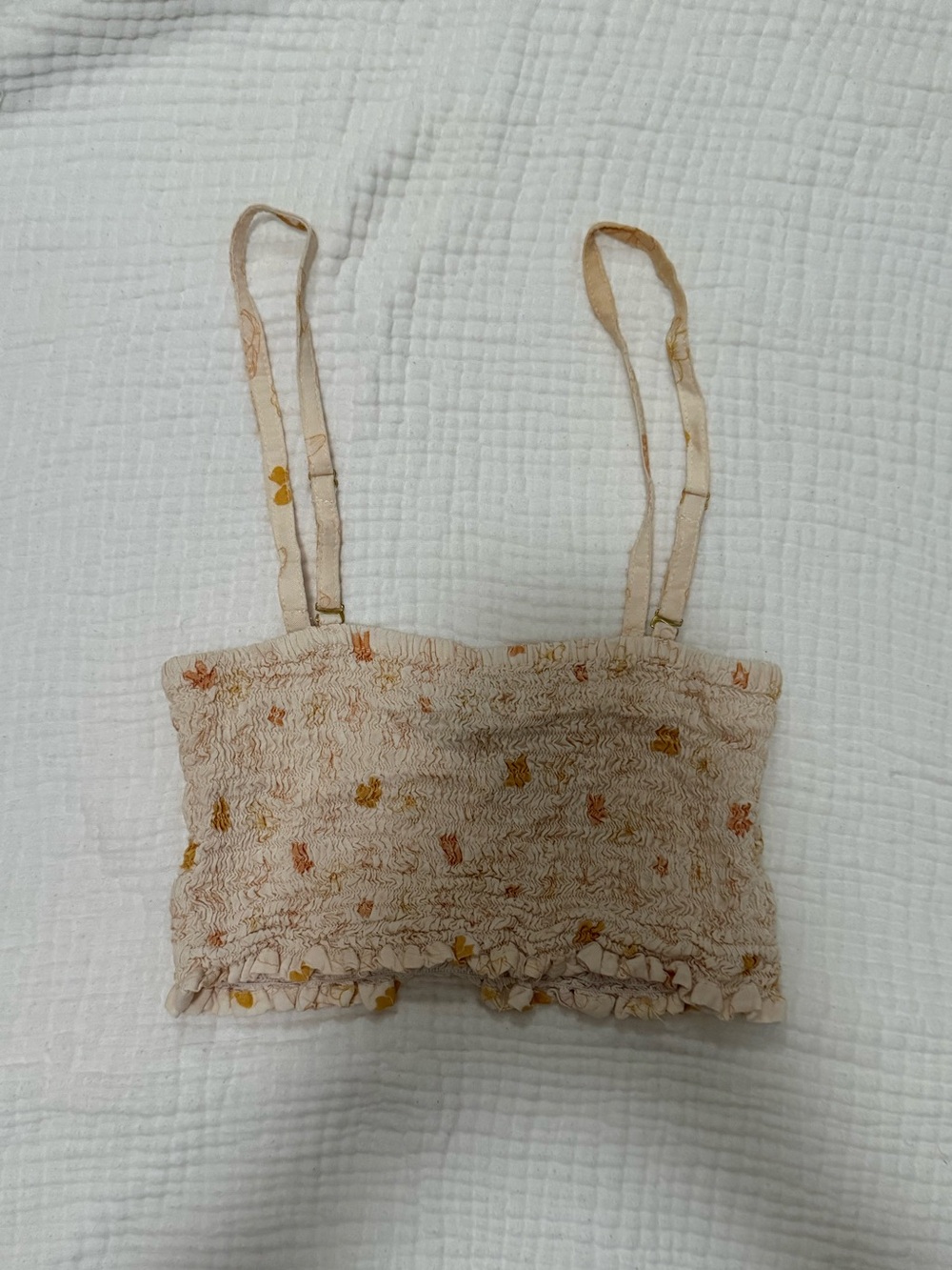 Smocked Floral Bandeau Bralette in Beige with Yellow Accents